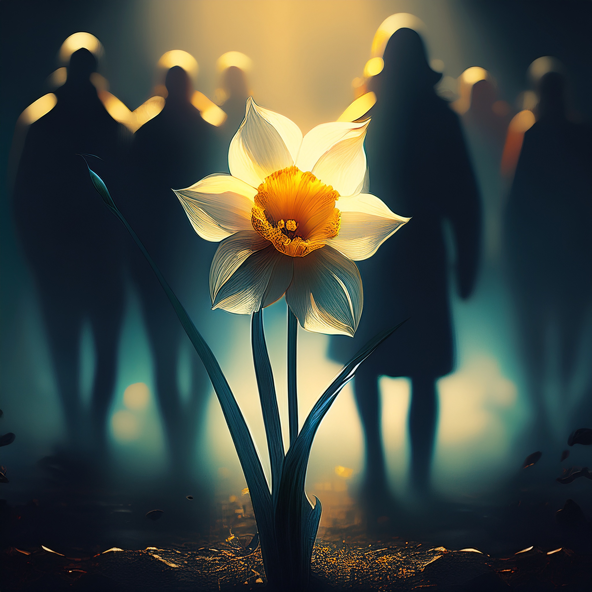 Firefly Narcissus flower bloomed in the darkness, there are dark people behind it and a blurry shado
