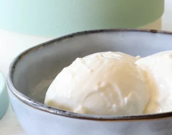 Koyu kıvamlı, taş yoğurt görünümünde ev yapımı yoğurt dolu cam kase.