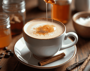 Tarçın ve vanilya aromalı kahve, yanında küçük kurabiye ile servis edilmiş.