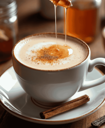 Tarçın ve vanilya aromalı kahve, yanında küçük kurabiye ile servis edilmiş.