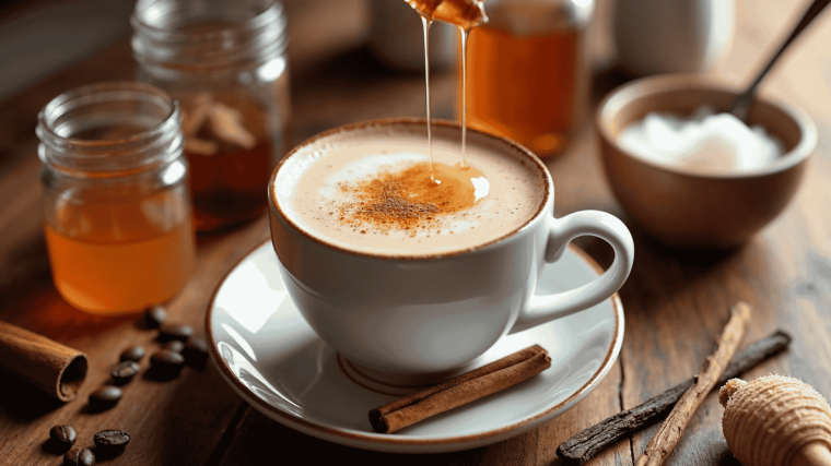 Tarçın ve vanilya aromalı kahve, yanında küçük kurabiye ile servis edilmiş.