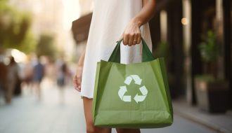 Bez çanta taşıyan bir kişinin, markette raflardan cam kavanozlarda satılan ürünleri ve geri dönüştürülebilir ambalajlı gıdaları seçtiği; elinde plastik poşet yerine file çanta bulunan alışveriş sahnesi.