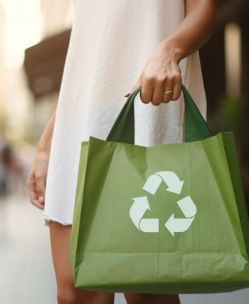 Bez çanta taşıyan bir kişinin, markette raflardan cam kavanozlarda satılan ürünleri ve geri dönüştürülebilir ambalajlı gıdaları seçtiği; elinde plastik poşet yerine file çanta bulunan alışveriş sahnesi.