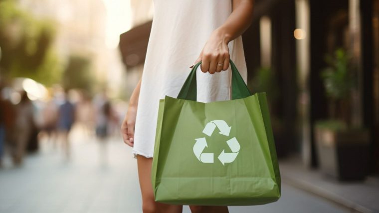 Bez çanta taşıyan bir kişinin, markette raflardan cam kavanozlarda satılan ürünleri ve geri dönüştürülebilir ambalajlı gıdaları seçtiği; elinde plastik poşet yerine file çanta bulunan alışveriş sahnesi.