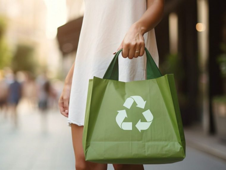 Bez çanta taşıyan bir kişinin, markette raflardan cam kavanozlarda satılan ürünleri ve geri dönüştürülebilir ambalajlı gıdaları seçtiği; elinde plastik poşet yerine file çanta bulunan alışveriş sahnesi.