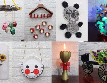 Renkli cam şişeler, karton kutular ve kumaş parçaları gibi atık malzemelerle hazırlanmış el yapımı dekoratif objelerin ahşap bir masa üzerinde sergilendiği görüntü.