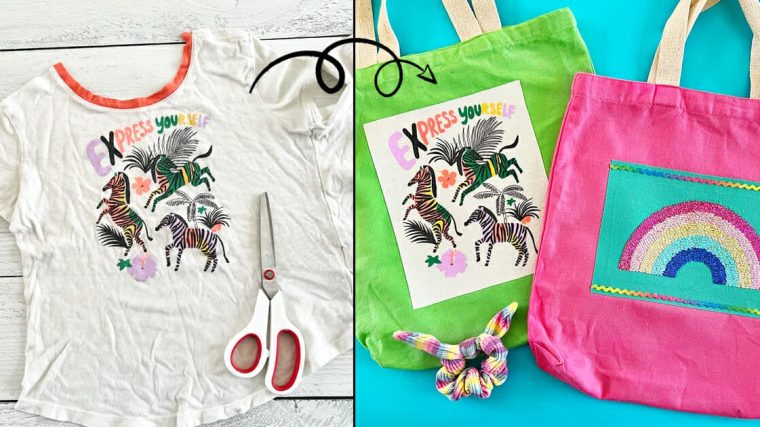 Askıya asılmış, alt kısmı kesilip yanları dikilmiş eski bir tişörtten yapılmış bez çanta ve yanında makas ile iğne-ipliğin görüldüğü görüntü.