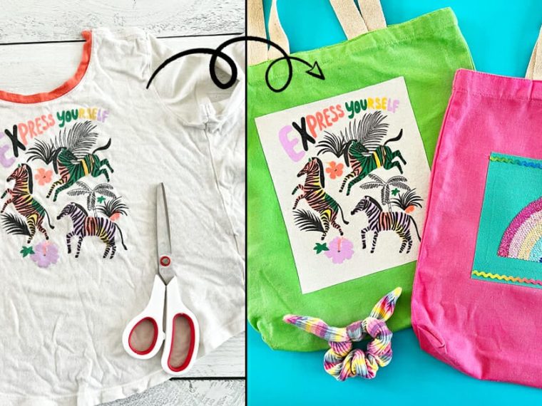 Askıya asılmış, alt kısmı kesilip yanları dikilmiş eski bir tişörtten yapılmış bez çanta ve yanında makas ile iğne-ipliğin görüldüğü görüntü.