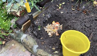 Mutfakta bir tezgâh üzerinde, önünde kompost kovası bulunan ve elindeki sebze-meyve kabuklarını kovaya döken kişinin yanında kahverengi kağıt, kuru yaprak ve kompost katmanlarını gösteren basit bir düzen.