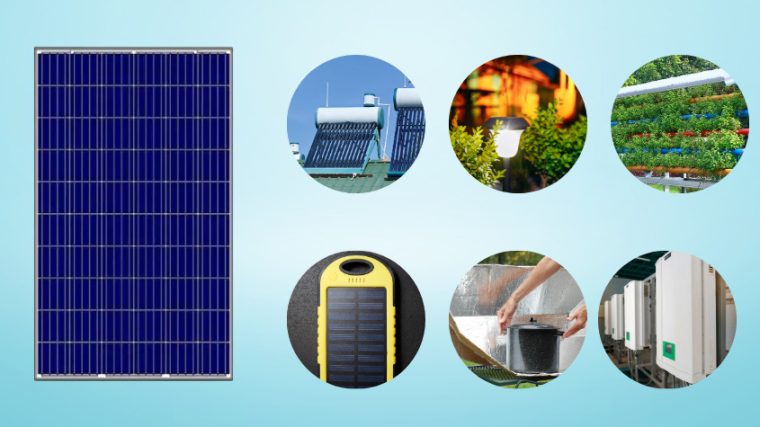 Evin çatısındaki güneş panellerinden enerji alan, mutfakta ekranında güneş sembolü görünen buzdolabı ve tezgâh üzerindeki küçük güneş enerjili ev aletlerinin yer aldığı modern bir mutfak sahnesi.