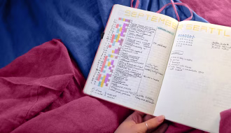 Pencere kenarında oturup elindeki deftere yazı yazan, yanında fincan kahve ve yanan bir mum bulunan, sakin ve huzurlu görünen bir kişinin görüntüsü.