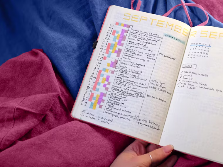 Pencere kenarında oturup elindeki deftere yazı yazan, yanında fincan kahve ve yanan bir mum bulunan, sakin ve huzurlu görünen bir kişinin görüntüsü.